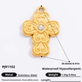 Gold-plated stainless steel cross pendant necklace with round diamond inlay detail - Gold Stainless Steel Inlaid Single Clear Gem Cross Pendant (PJ91102)