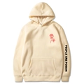 Detail of People Are Poison hoodie sleeve text and rose print on cream fabric - Khaki 345