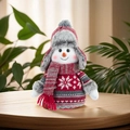 Gestrickte Schneemann-Weihnachtsfigur auf Holztisch mit festlicher Pflanzendekoration - Fliegermütze Stil (YH25201A) / 20cm
