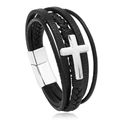 Détail d'un bracelet multicouche en cuir tressé noir avec croix argentée et fermoir aimanté - Cuir Noir Boucle Argentée