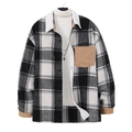 Men's plaid flannel jacket with brown corduroy collar and pockets on white background - S / Black