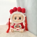 Labubu plush doll wearing white fuzzy romper and red lion dance vest for parties - A Single Lion Dance Costume + A Pair Of Red Hair Clips / First And Second Generation Keychains Are Compatible With La Cloth Dolls. Dolls Not Included.