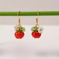 Handmade red berry flower drop earrings with green leaves and golden hooks for women - Red Pumpkin Berry Style (FN1020)