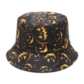 Detail of black Halloween bucket hat featuring glowing orange Jack-o'-lantern patterns - M (56-58cm) / Black Background Jack-O-Lantern Smile Print (G)