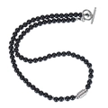 Detail of 6mm black obsidian beads necklace with silver accents and toggle clasp - Obsidian Necklace