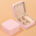 Mini pink square jewelry box in premium PU leather with zipper and multi-layer storage - Cross-grain PU-Light Pink / 10*10*5cm