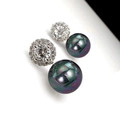 Elegant pair of black pearl stud earrings with rainbow luster and micro-set cubic zirconia - Silver Black
