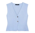 Knitted V-neck vest in light blue featuring amber-textured buttons and smooth finish - XS / Blue Top