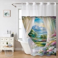 Detail view of waterproof waffle shower curtain with digital landscape print and metal grommets - Mountain Landscape - Single Curtain / 181x188cm