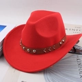Classic red felt western cowboy hat featuring a brown leather band and silver metal studs - Wave Pattern Strap / Red