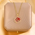 Golden titanium steel necklace with red Fu gourd pendant and sparkling white zircons - Style 1 Red Fu Character Necklace