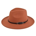 Detail of caramel wool fedora hat featuring black leather band and silver buckle - M (56-58cm) / Rust red