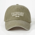 Detail of the embroidered California text on the washed cotton twill baseball cap - Adjustable / Dark Khaki