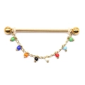 Golden industrial barbell earring with a colorful beaded chain featuring vibrant multi-colored charms - Gold Colorful Beads Chain