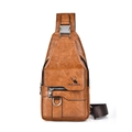 Vintage brown textured leather chest bag with adjustable strap and metallic logo by WEIXIER - WEIXIER Label / Tan