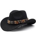 Classic black wool western cowboy hat with ethnic style beaded band and retro accents - M (56-58cm) Adjustable / Black