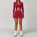 Three-piece yoga set in deep rose red with long sleeve jacket, bra and high waist shorts - Long Sleeve + Bra + Shorts Rose Red