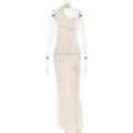 Detail view of cream mesh one-shoulder maxi dress with elegant backless streamer detail - S / Beige