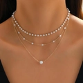 Three-layer gold necklace with imitation pearls and Y-shape tassel fringe style - Gold Triple Layer Pearl Choker