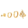 Detailed set of four gold S925 silver earrings including bead studs and vine ear cuffs - Gold Leaf Combination Earring Set (#34)