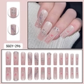 Pink French glitter press-on nails with white heart patterns, rhinestones and pearls - SGCY-296 / Glue Type