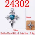 Silver cross pendant with lake blue heart gemstone and white K plating finish - Lake Blue Heart Cross