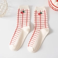 Off-white crew socks with red grid texture and sweet strawberry embroidery details - One Size / Plaid Strawberry