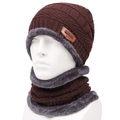 Deep brown winter knit hat and neck warmer set with thick faux fur lining for women - Dark Khaki