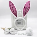 Plush white bunny ears headband set with purple sequins, bowtie and tail for Halloween - Magenta Confetti