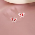 Silver butterfly stud earrings with gradient pink and red enamel wings in a pair - Red-Pink Gradient Butterfly Style (A114)