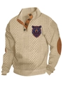 Men's beige knit sweater with stand collar buttons and colorful bear print detail - S / Tops / Khaki (Bear Pattern 4)
