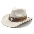 Classic beige western cowboy felt hat with a brown leather band and silver bull head buckle - Beige