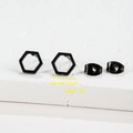 Detail view of 0.8cm matte black hexagon stud earrings with dimensions and weight info - Hexagon / Black