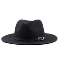 Dettaglio cappello fedora nero in paglia con fascia in pelle marrone e fibbia argento - Nero