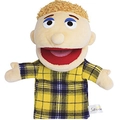 Plush boy hand puppet toy in yellow plaid shirt for interactive storytelling role play - Son (Open Mouth)