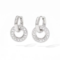 Polished silver stainless steel huggie earrings with a sparkling rhinestone pavé circle charm - Silver White (PDE1108)