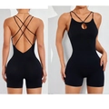 Tutina yoga nera senza cuciture con scollo all'americana e design incrociato sul retro - M / Rompers / Nero