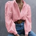 Pink hollow embroidered blouse with lantern sleeves and V-neckline in soft cotton linen - S / Pink