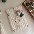 Quilted beige cosmetic bag featuring citrus embroidery and decorative pearl chain detail - Handbag with Pearl Chain