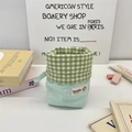 Detail der grün-weiß karierten Federtasche auf dem Schreibtisch mit bunten Accessoires - Grünes Karo