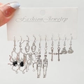 5-pair silver gothic earring set featuring spider, skull, cross and pumpkin charms - Antique Silver (4008)