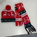 LED Christmas knitted hat and scarf set with reindeer motif and white pompom in red color - Double Reindeer Tree-Set