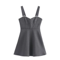 Dark grey A-line mini dress with white lace trim and backless design for women - XS / Gray