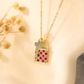 Gold 18K plated necklace with red checkerboard lock and crystal-studded key pendant - Red Checkerboard (24206)