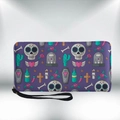Lange PU-Ledergeldbörse mit Halloween-Totenkopf-Druck und lila Handschlaufe - Dunkelvioletter Totenkopf-Kaktus-Druck (QB-028)