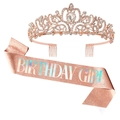 Birthday Girl rose gold tiara and glitter sash set for party celebration decorations - One Size / Set 15 (Rose Gold Crown + Rose Gold Girl Sash)