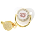 Pink rhinestone crown baby pacifier with gold clip chain set on white background - Gold White Crown