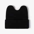 Cute black knit beanie with cat ear design and wide folded cuff for winter warmth - One Size / Black