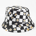 Close-up of checkered bucket hat with daisy print and parallel reinforced stitching - M(56-58cm) / Black White Checkerboard Daisy (01#)