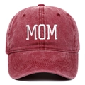 Detail of MOM embroidery on wine red washed cotton vintage style baseball cap - Adjustable / Wine Red MOM